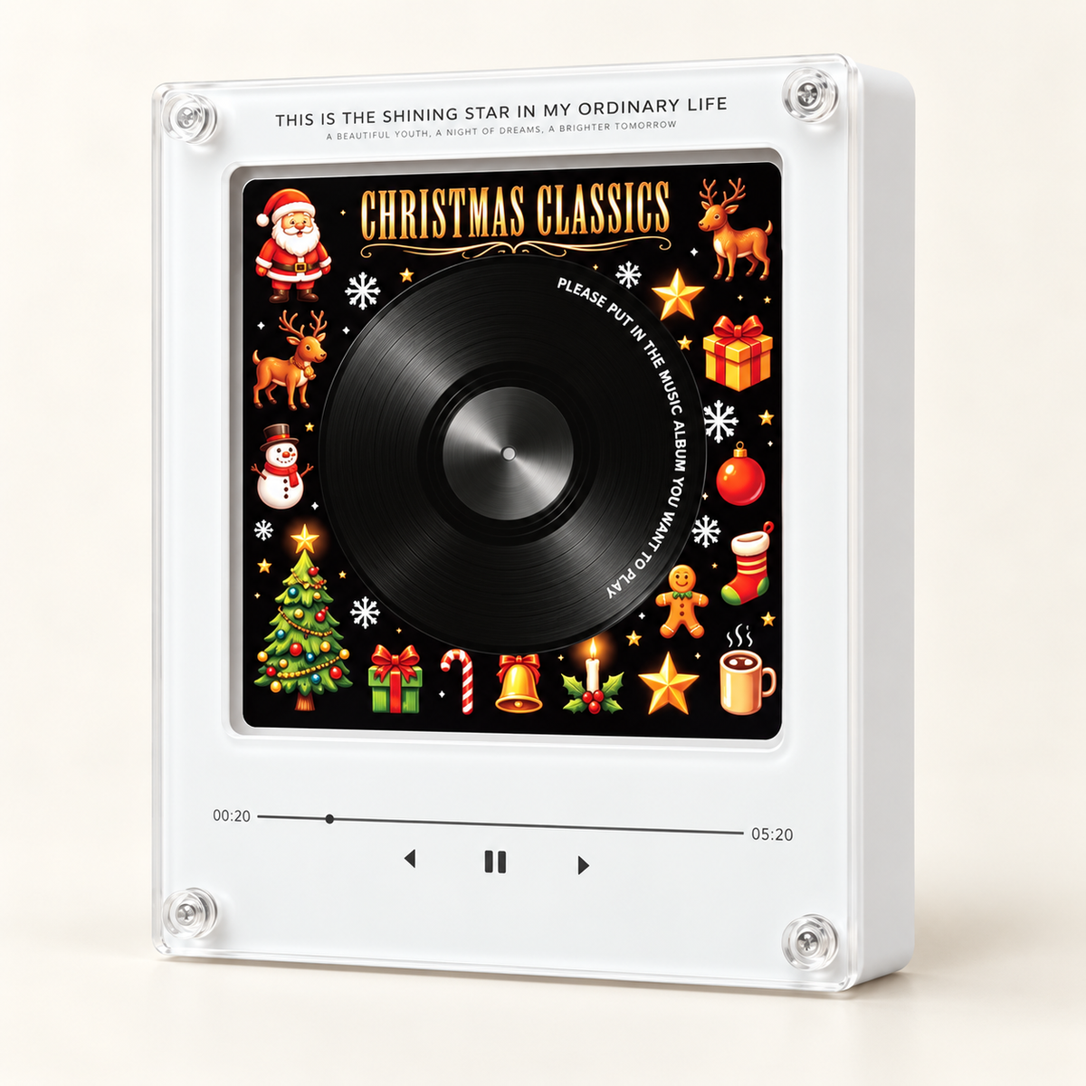 Classic Christmas NFC music player with white body and black festive panel