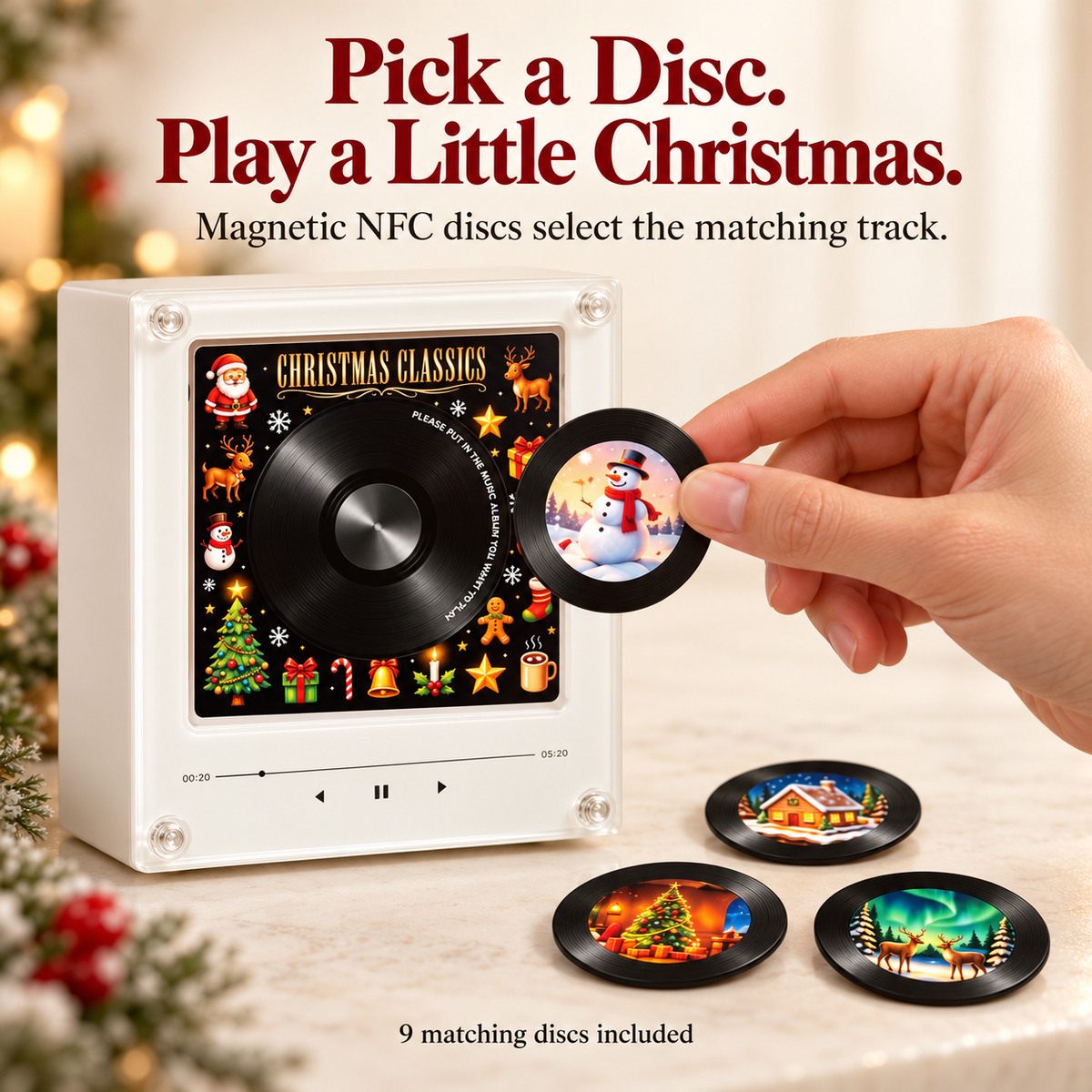 Choose a magnetic NFC disc to select its matching track