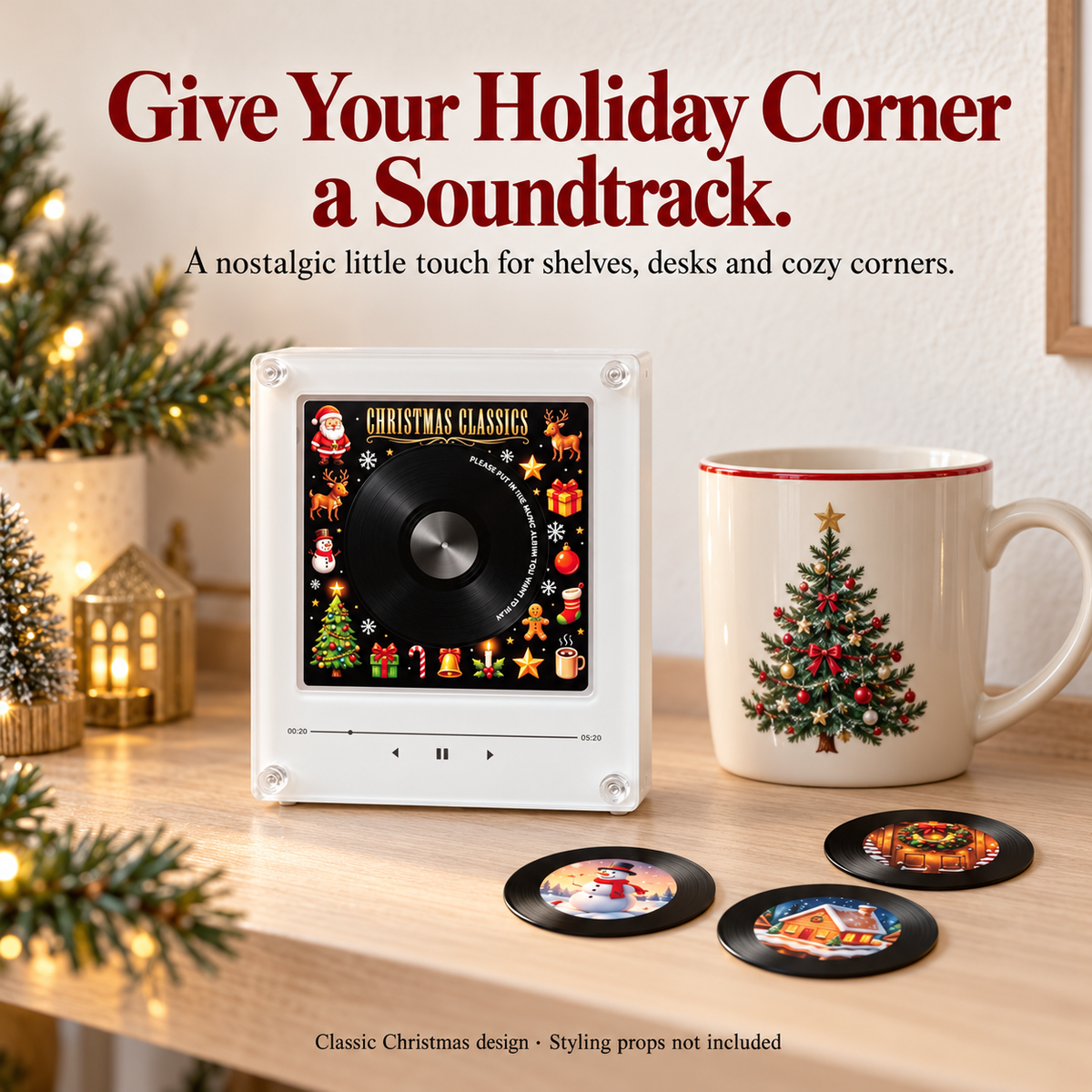 Classic Christmas music player styled on a shelf; props not included