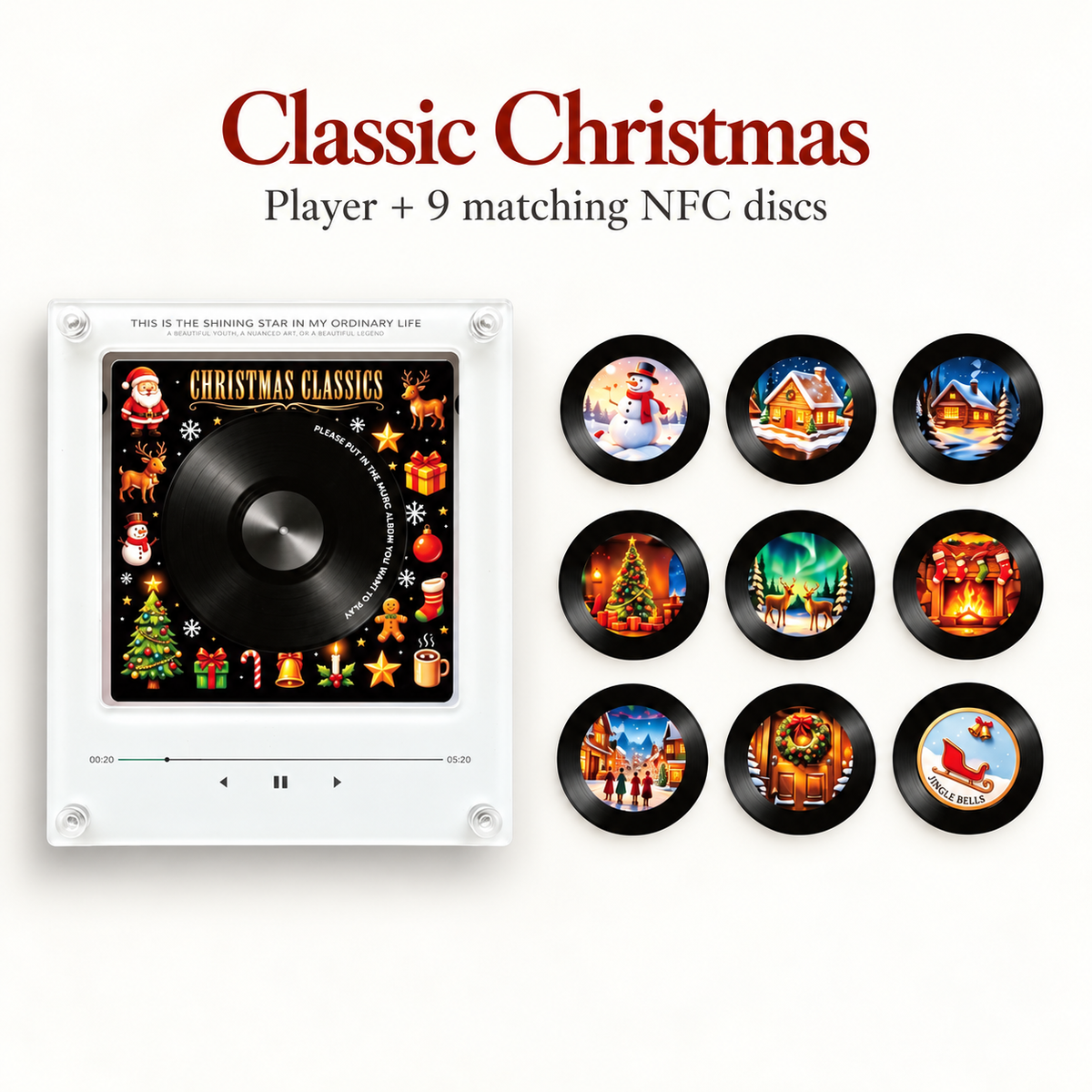 Classic Christmas design with its matching nine scenic NFC discs