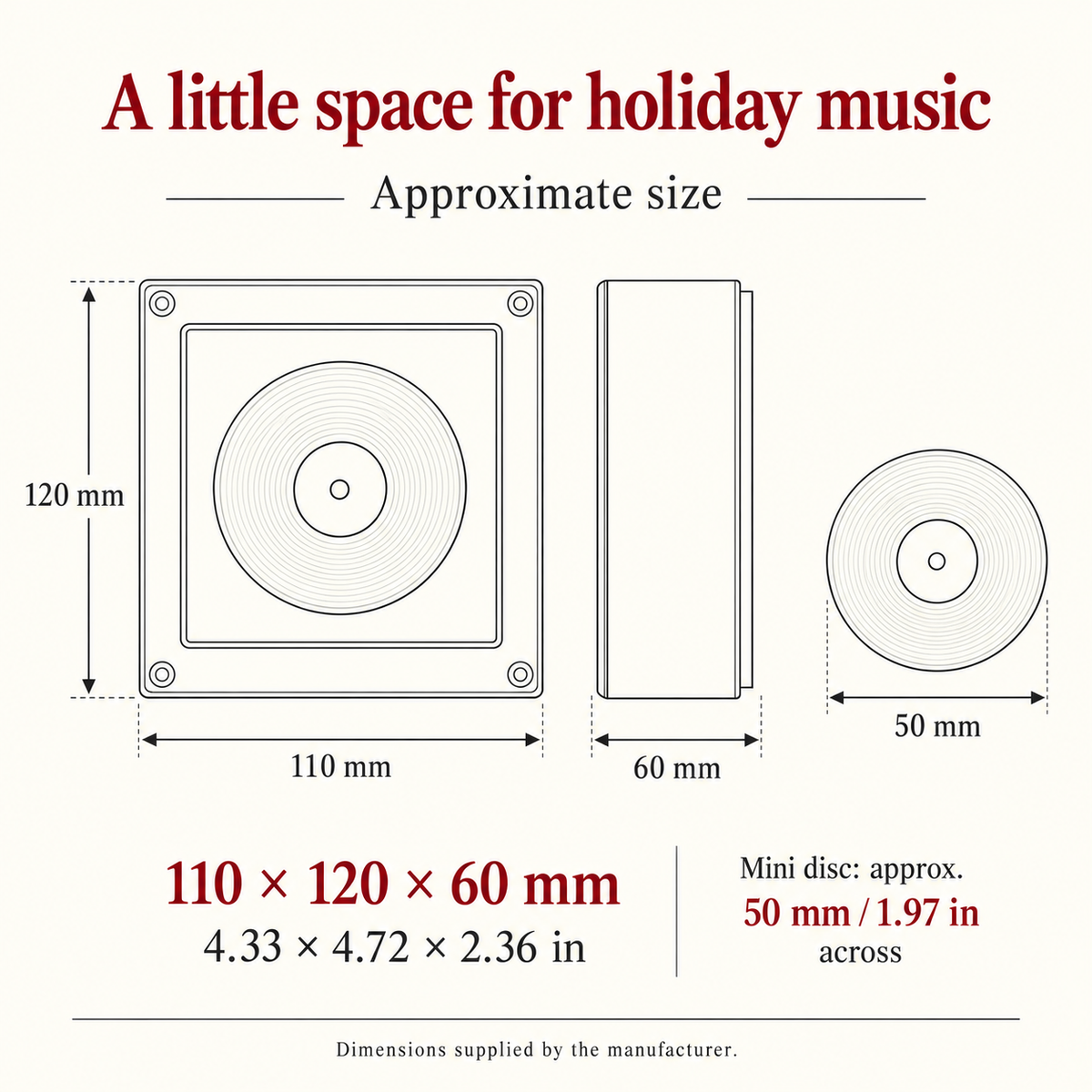 Approximate manufacturer dimensions: player 110 by 120 by 60 mm; mini disc 50 mm across