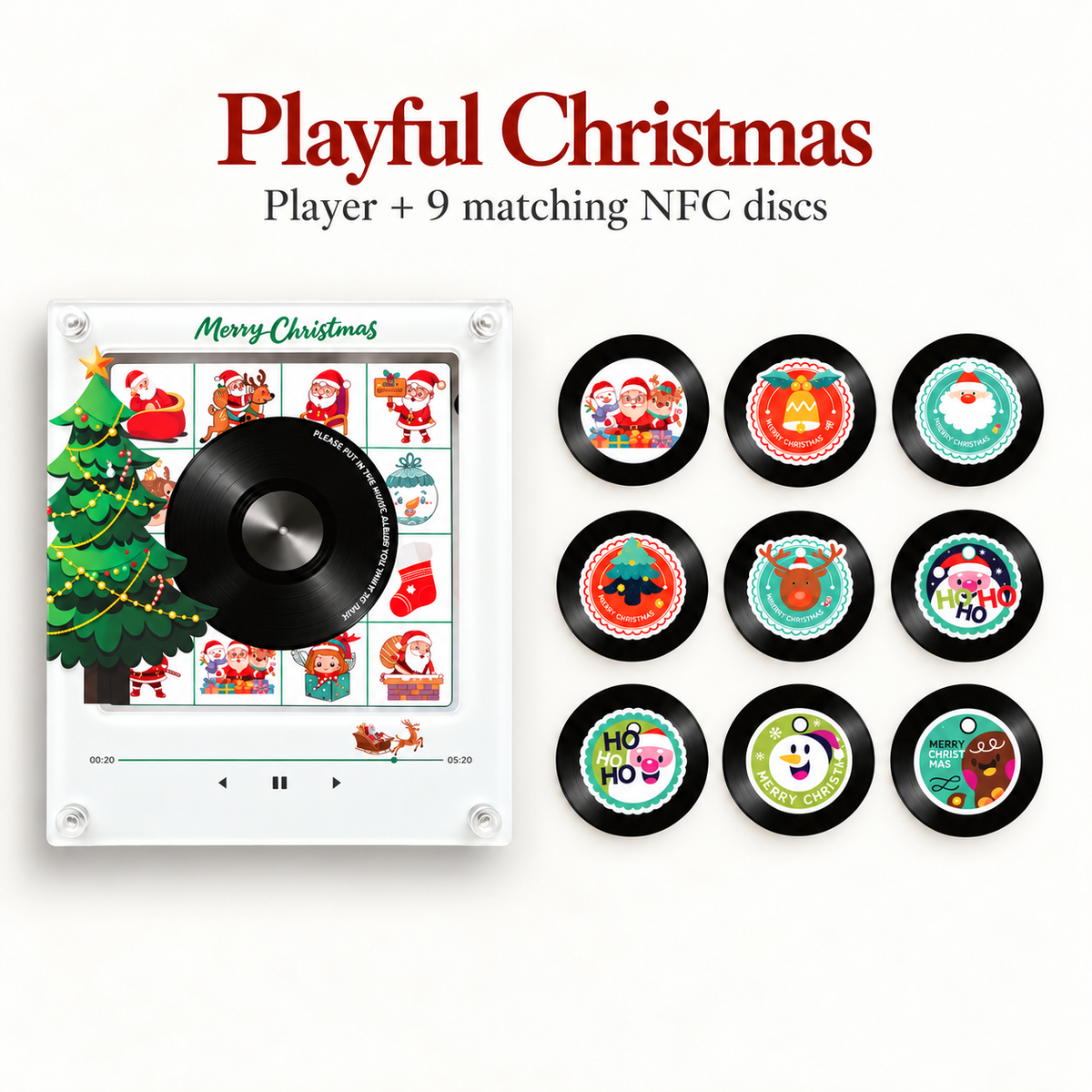 Playful Christmas player with nine matching cartoon NFC discs, coordinated ivory catalog layout